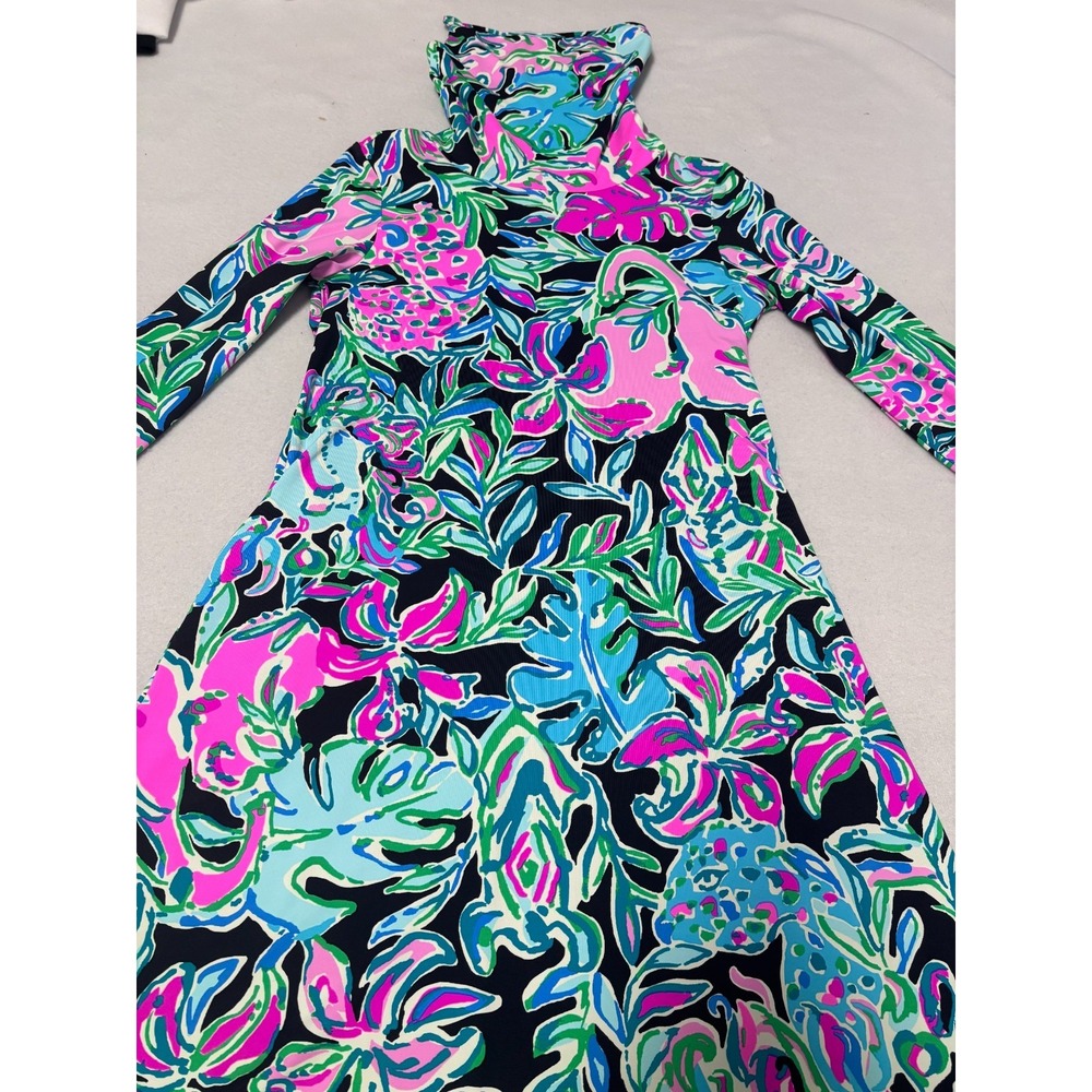 Lilly Pulitzer Women XXS Dress Navy Pink Floral UPF 50+ Cowl Neck Pockets Resort - Picture 6 of 8